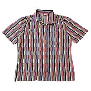 Vintage Koret Vertical Stripes Button Front‎ Short Sleeves Blouse Made in USA